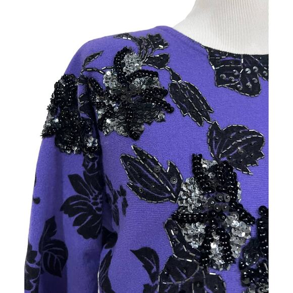 Vintage P.A. International Sweater purple Black Sequin Beaded Lambswool Sz S. - Picture 4 of 10